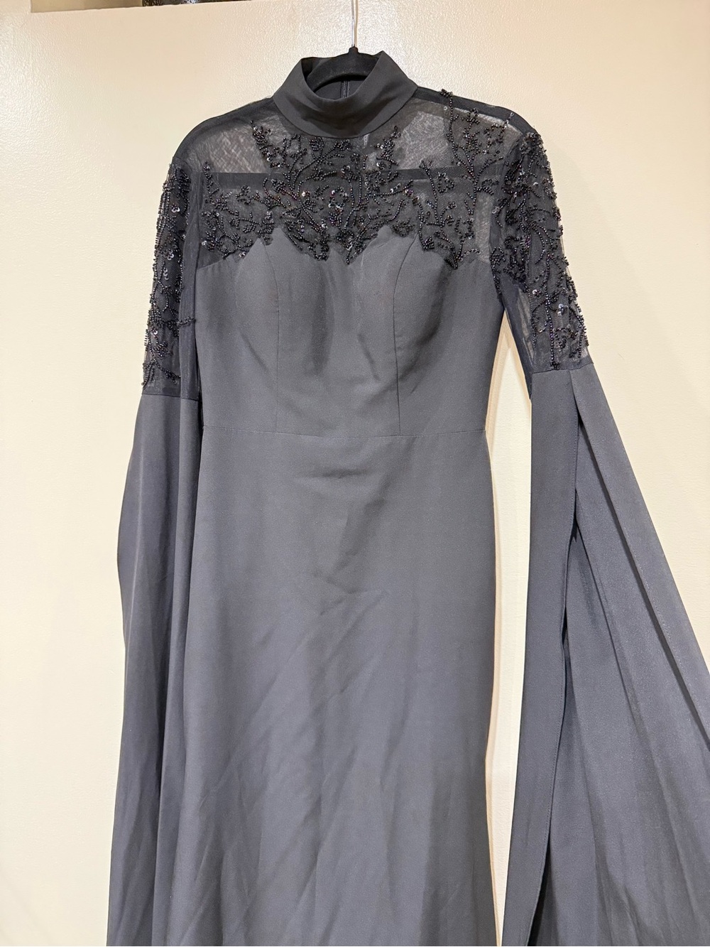 Elegant Black Embroidered Evening Dress with High Neck
